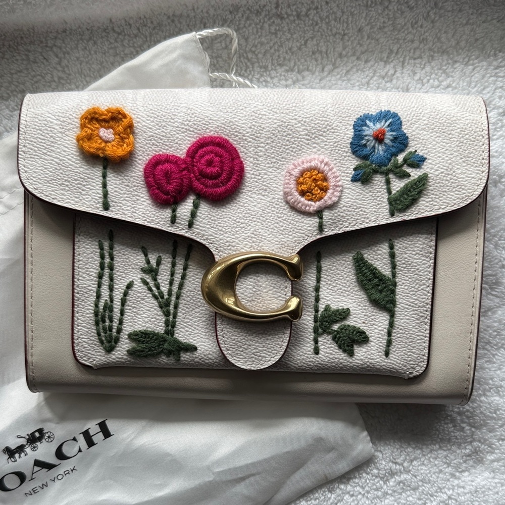 Coach Floral Embroidered Clutch with Gold Accent